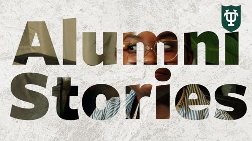 The words "Alumni Stories" are punched out on a parchment background, and a Black student's photo is seen in the words' letters. 