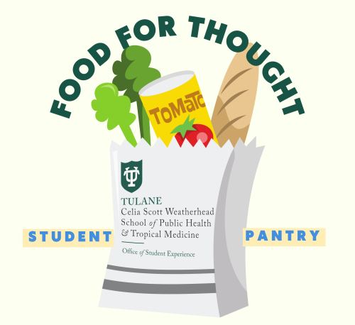 Celia Scott Weatherhead School of Public Health and Tropical Medicine Food pantry logo, a grocery bag with the school logo and veggies and a baguette sticking out the top of the bag.