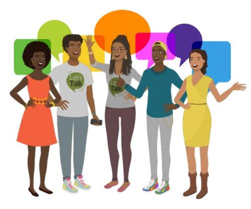 Highly Vulnerable Children's Research Center | Celia Scott Weatherhead School of Public Health and Tropical Medicine group of people talking, illustration with color blocks in background
