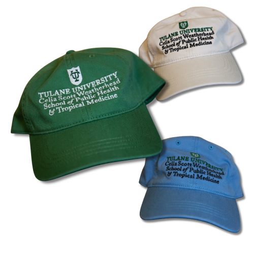 Three Tulane University School of Public Health baseball caps: green, white, and blue.