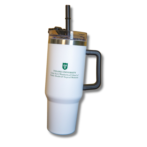 White Tulane University tumbler with black handle and straw.