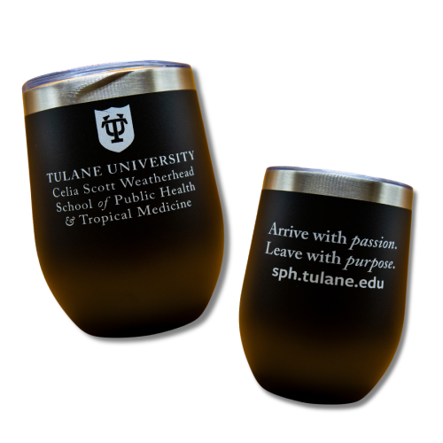 Two black Tulane University stemless tumblers with logo and "Arrive with passion" slogan.