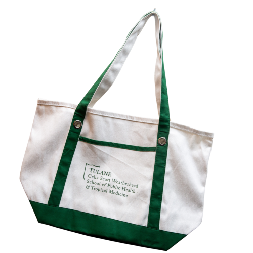 White canvas tote bag with green trim and Tulane School of Public Health &amp; Tropical Medicine logo.