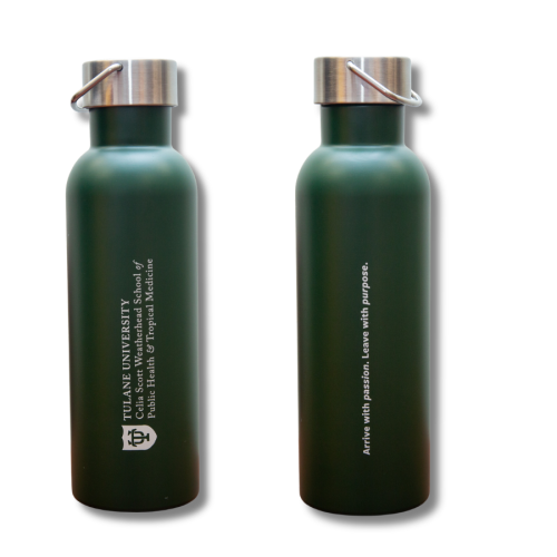 Photograph: Two dark green water bottles. One with Tulane University text, other with a motto.