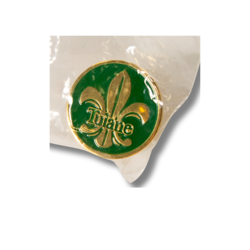 Round green and gold Tulane University logo with a fleur-de-lis.