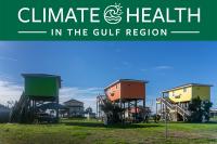 Houses on stilts in coastal Louisiana, with climate symposium banner at top of page