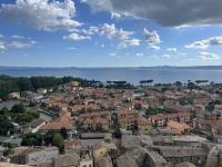 View of Mediterranean Sea and rooftops in Italy