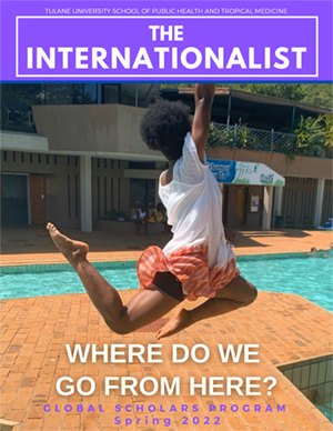 Global Scholars Program | Tulane University School of Public Health and Tropical Medicine Cover image fro The Internationalist tMagazine, young woman jumping up next to a swimming pool.