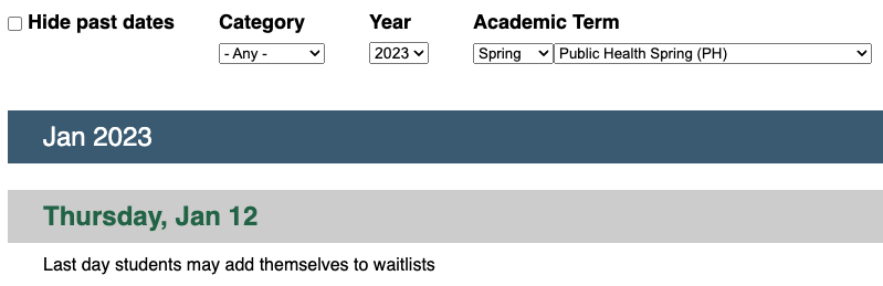 Tulane University School of Public Health and Tropical Medicine Screen grab of academic calendar