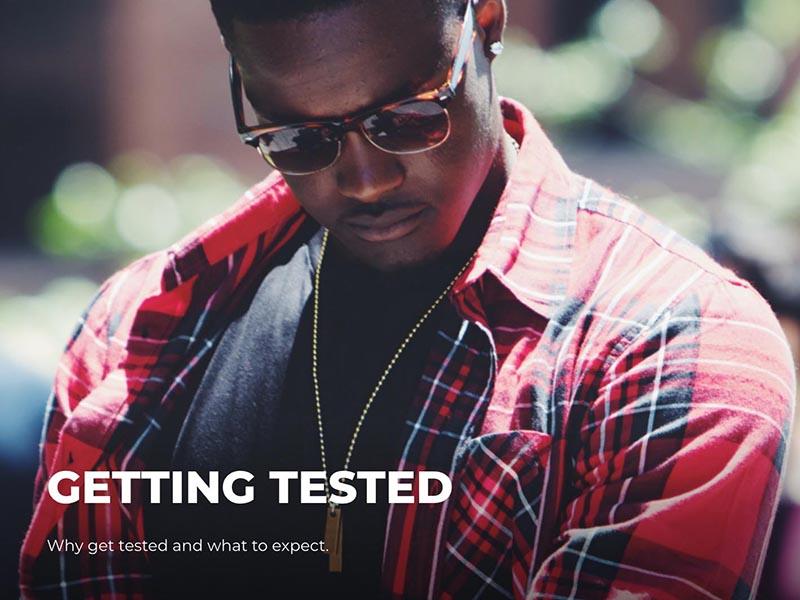 African-American male, mid-20s, wearing sunglasses. Photo reads "Getting tested," in relation to STI testing. 