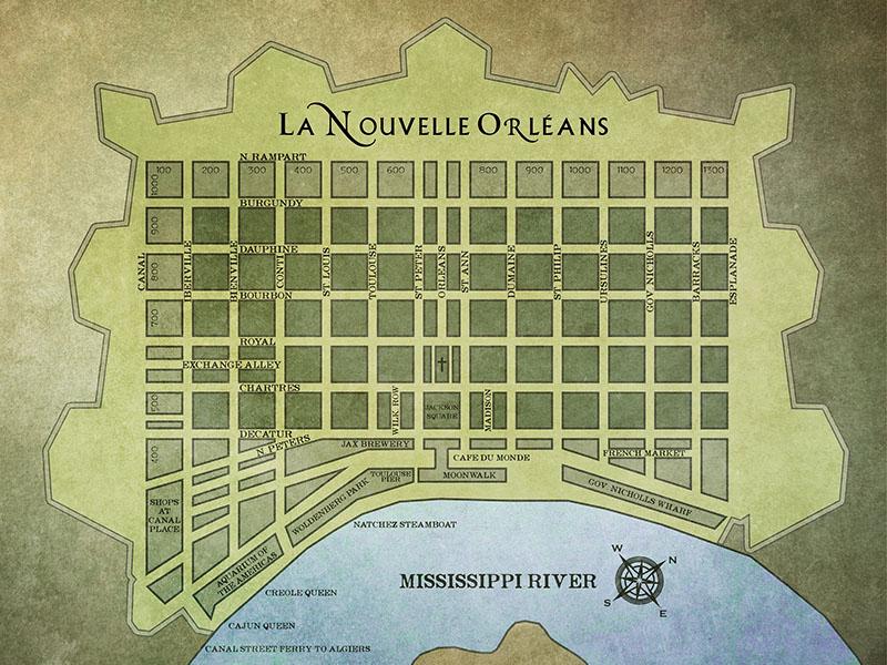 Old fashioned map of New Orleans' French Quarter and Mississippi River Old fashioned map of New Orleans' French Quarter and Mississippi River