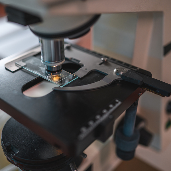 close up of microscope with sample