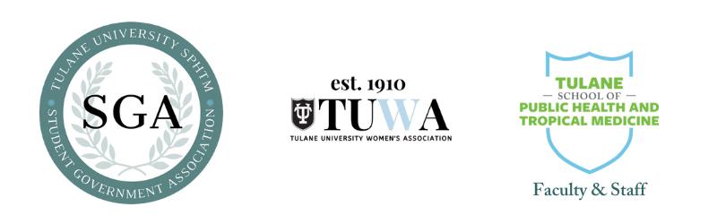 logos for food pantry sponsors: Tulane Women's Association, SGA, and faculty & Staff