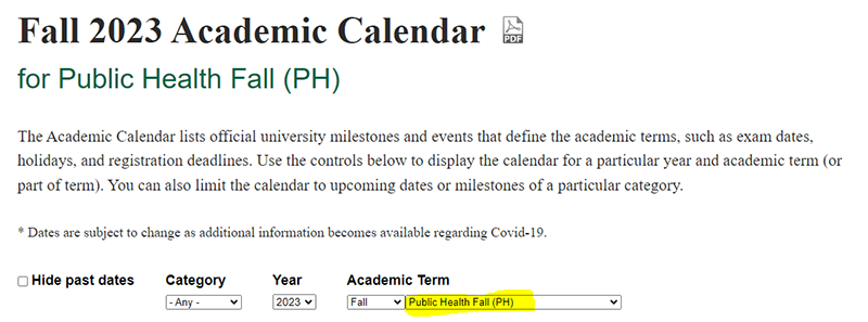 Fall 2023 Academic Calendar example