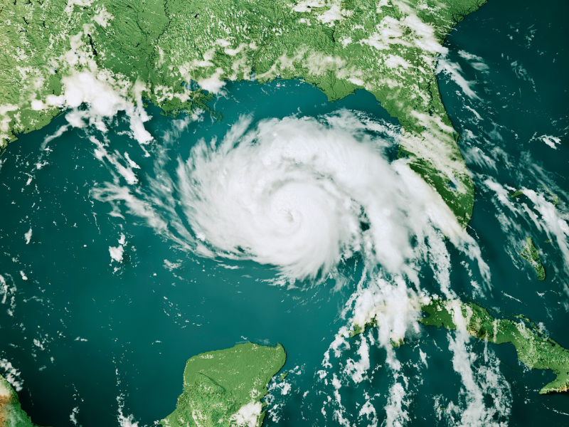 A stylized graphic of a hurricane over the Gulf of Mexico