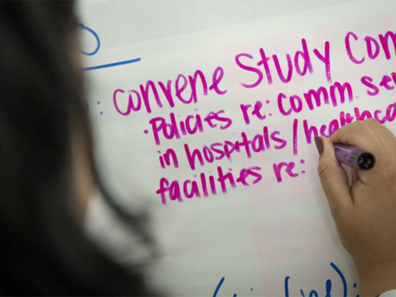 Close up of a woman's hand writing on a white board. Photo by Paula Burch-Celentano. 