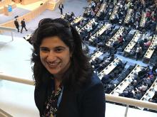 Mehr Manzoor, a Tulane doctoral student and Fulbright scholar, is looking into why women have fewer leadership roles, and working to correct the imbalance. She is pictured here at the World Health Assembly in Geneva earlier this year. (Photo from Mehr Man