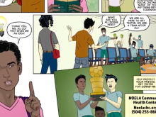A comic strip panel designed to reach members of a specific community about vaccination.
