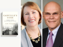 Photos of the book cover of Carville's Cure, Pam Fessler, and James Carville.