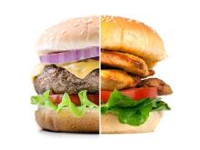 Split photo, one side showing a traditional cheeseburger, the other side showing a chicken sandwich on a bun