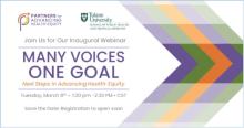 Flyer image announcing Many Voices One Goal Webinar
