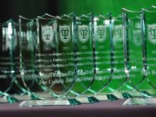 Photos of glass awards against a green wall 